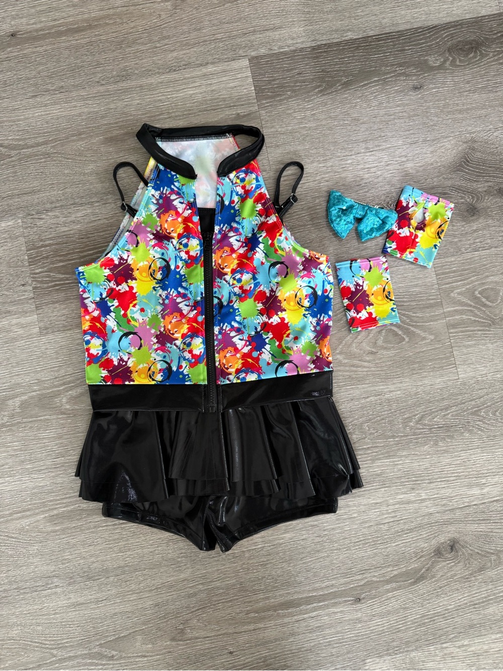Girls' Multicolor Paint-Splash Dance Costume with Black Skirt